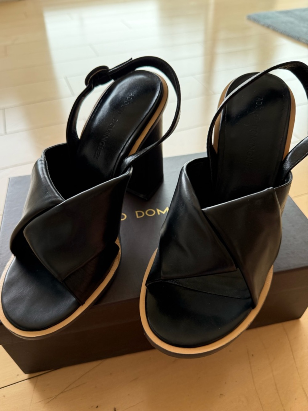 Black Leather Slingback Block Heel Sandals